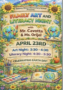 Flyer with nature images in background with time and date for literacy night, 3:30-5:30 pm on April 23rd by Mr. Cavotta and Ms. Orijel